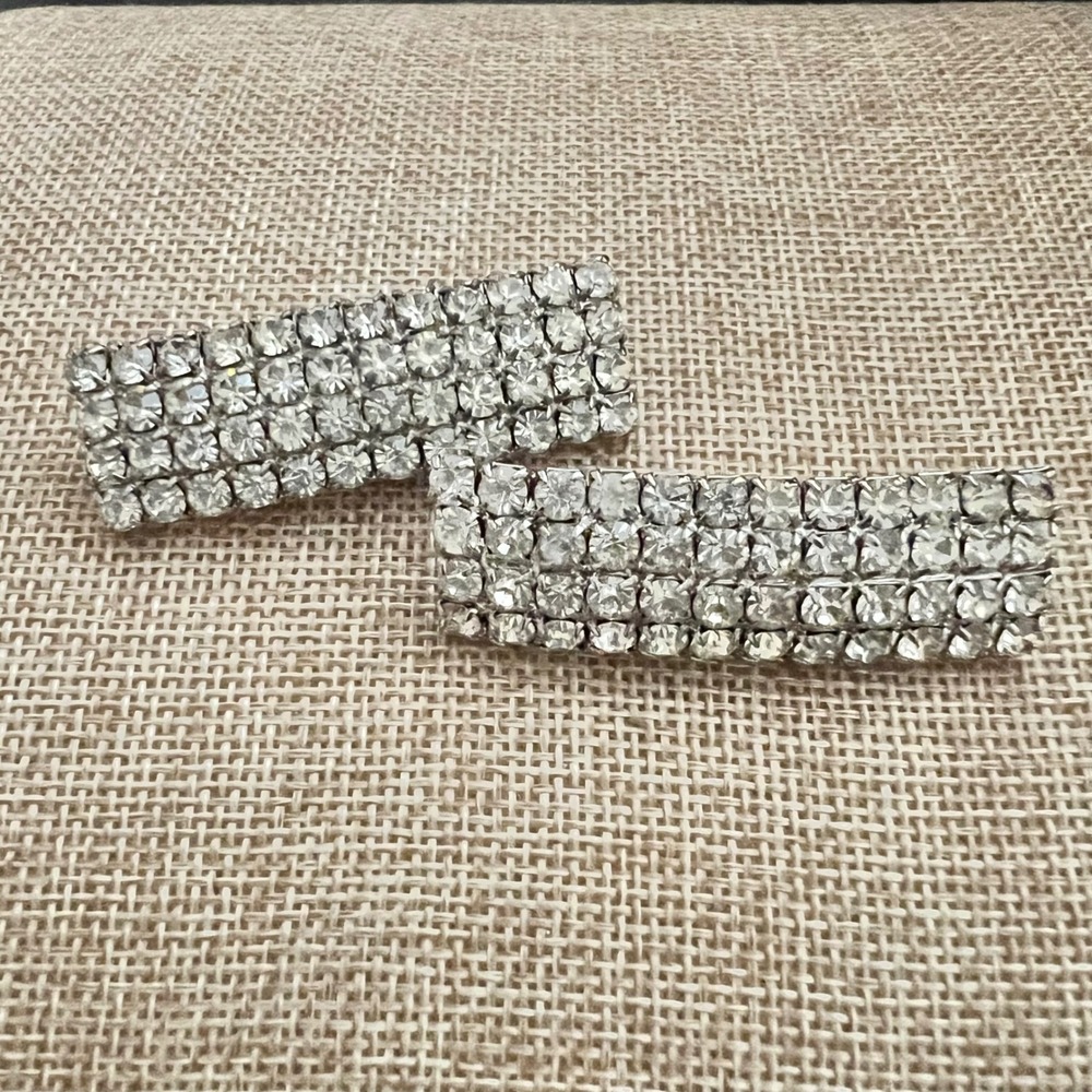 Vintage Silver Rhinestone Rectangular Shoe Clips Set 2.25" Hollywood Glam